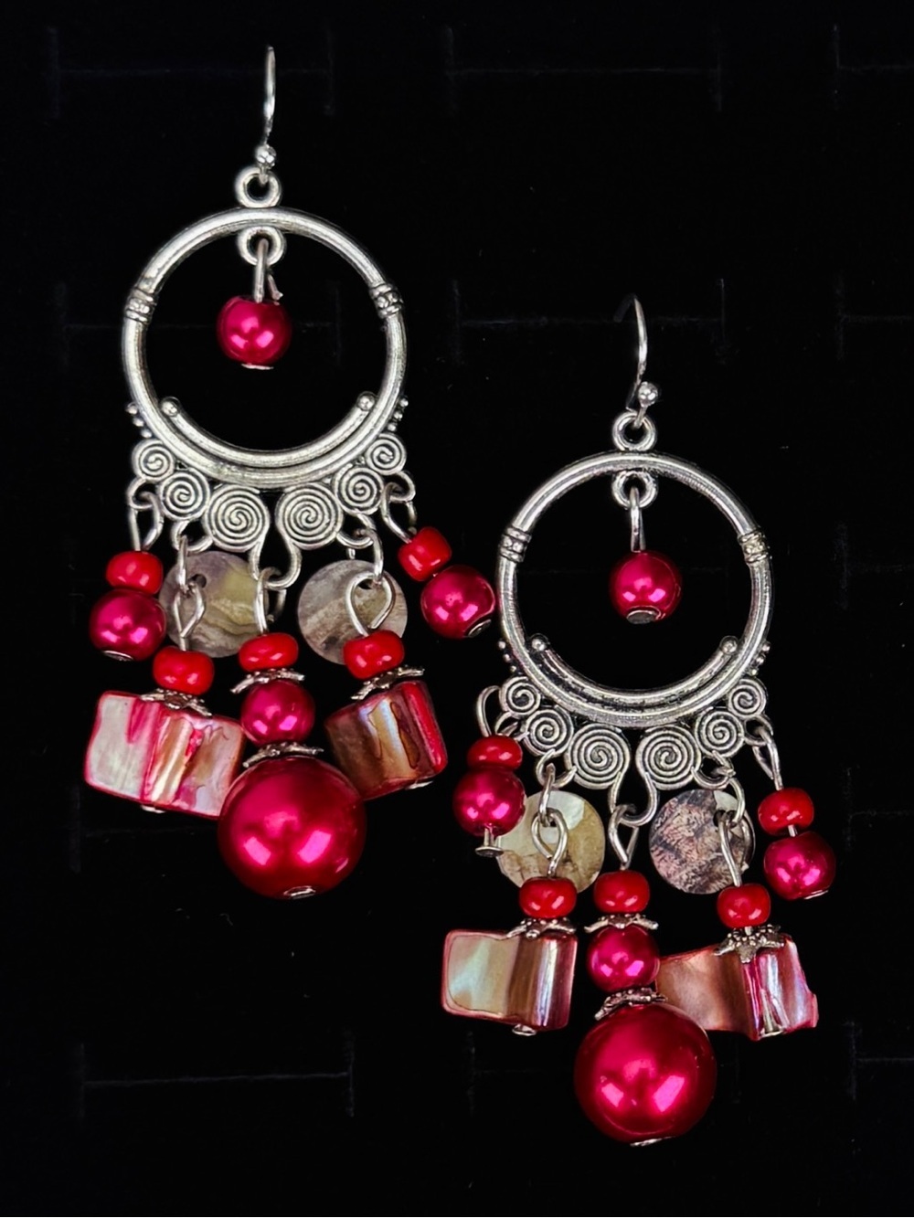 Vintage aged silvertone, red beaded chandelier drop pierced earrings